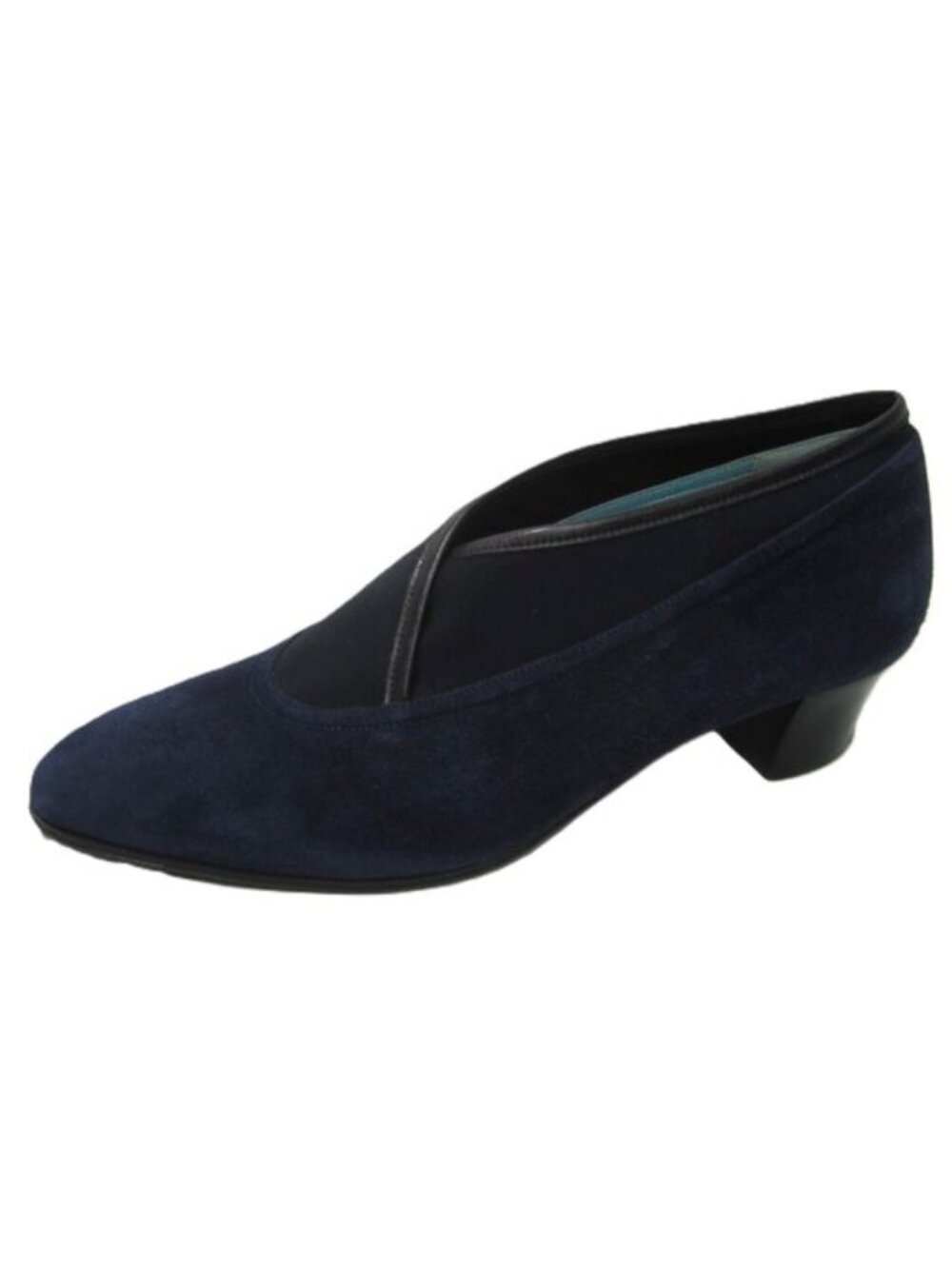 Thierry Rabotin 38 N 7.5 Navy Blue Suede Pumps Heels w/ Black Crossover Wrap EUC